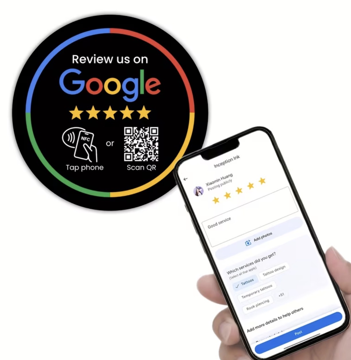 Rund bricka, svart — NFC-brickor för Google-recensioner