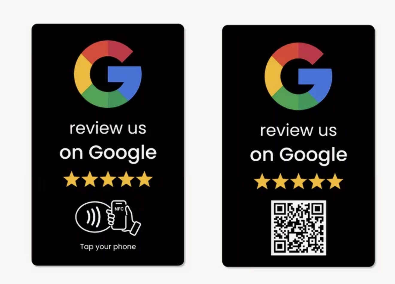 Kort i svart — NFC-brickor för Google-recensioner