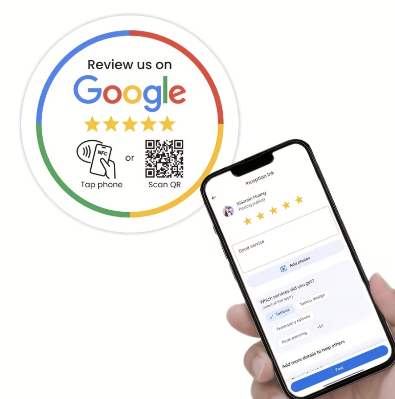 Rund bricka, vit — NFC-brickor för Google-recensioner